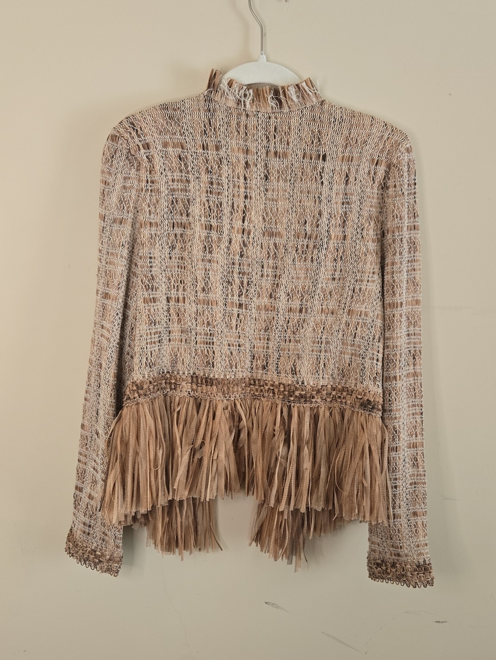 NIC+ZOE Tan Fringe Tweed Jacket Large Boho Textured Open Front Artisan Statement - Picture 7 of 9